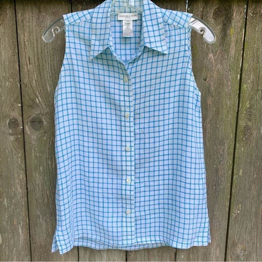 JONES NEW YORK sleeveless windowpane check plaid linen top sporty spring summer